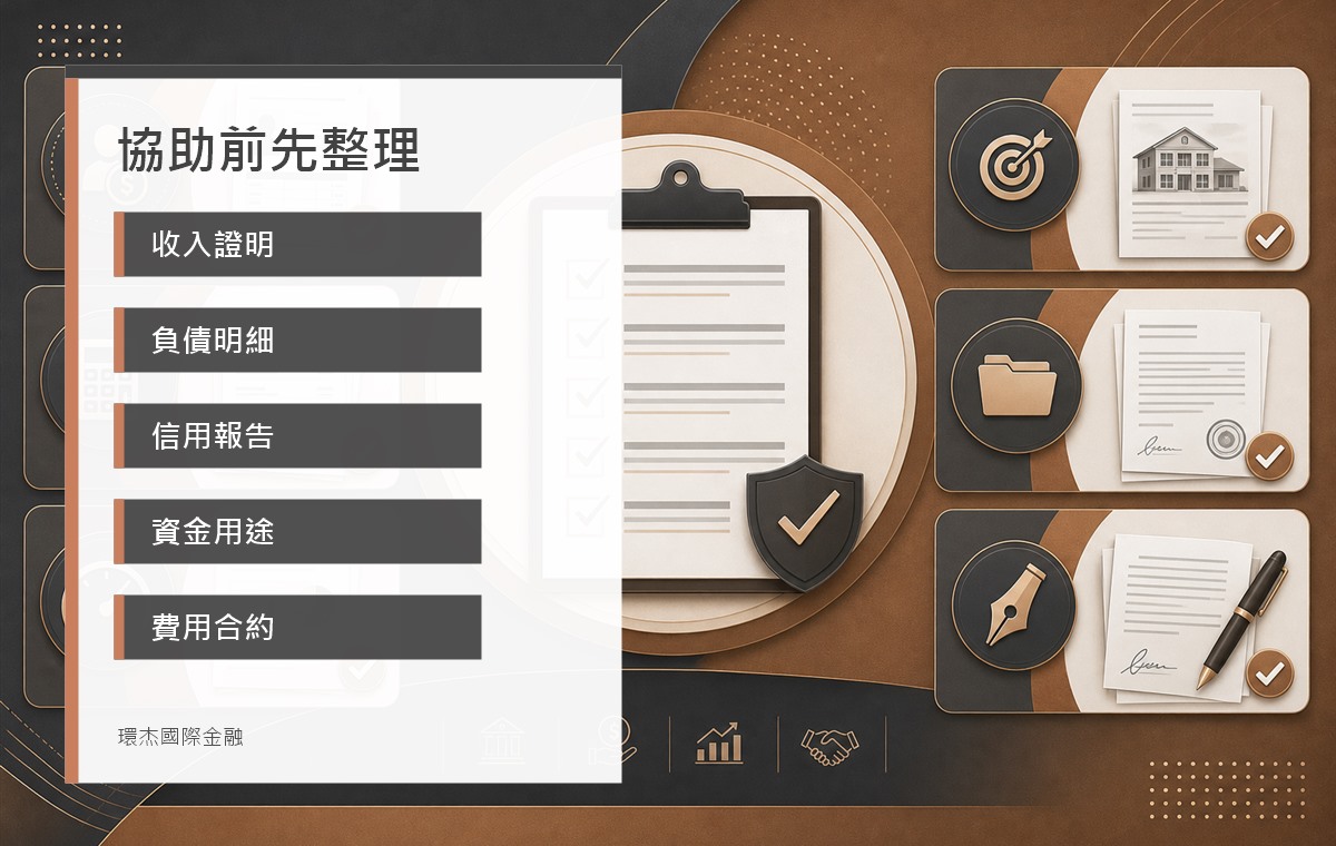 銀行貸款協助 image 2.0 資訊圖，整理收入證明、負債明細、信用報告、資金用途與費用合約