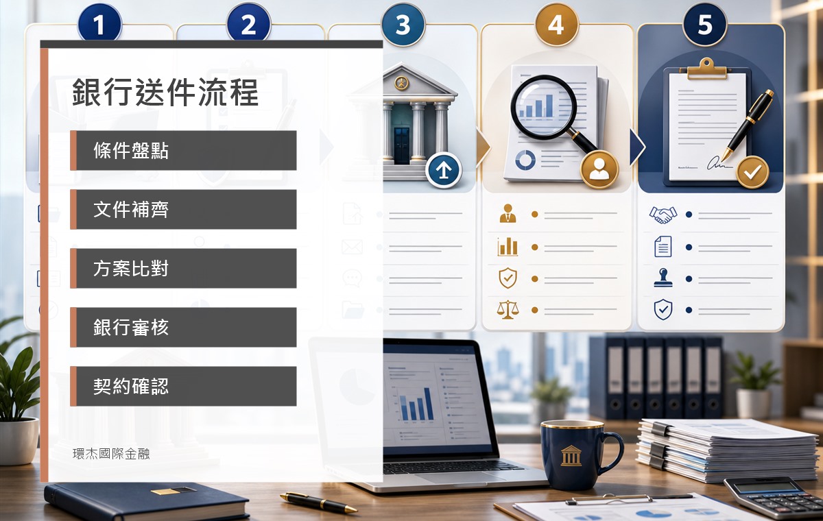 銀行貸款協助送件流程 image 2.0 資訊圖，呈現條件盤點、文件補齊、方案比對、銀行審核與契約確認
