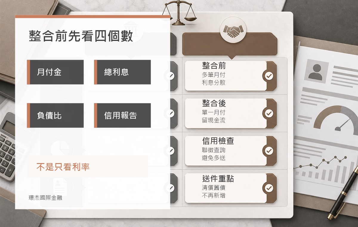 債務整合 image 2.0 資訊圖，整理月付金、總利息、負債比與信用報告四個評估重點