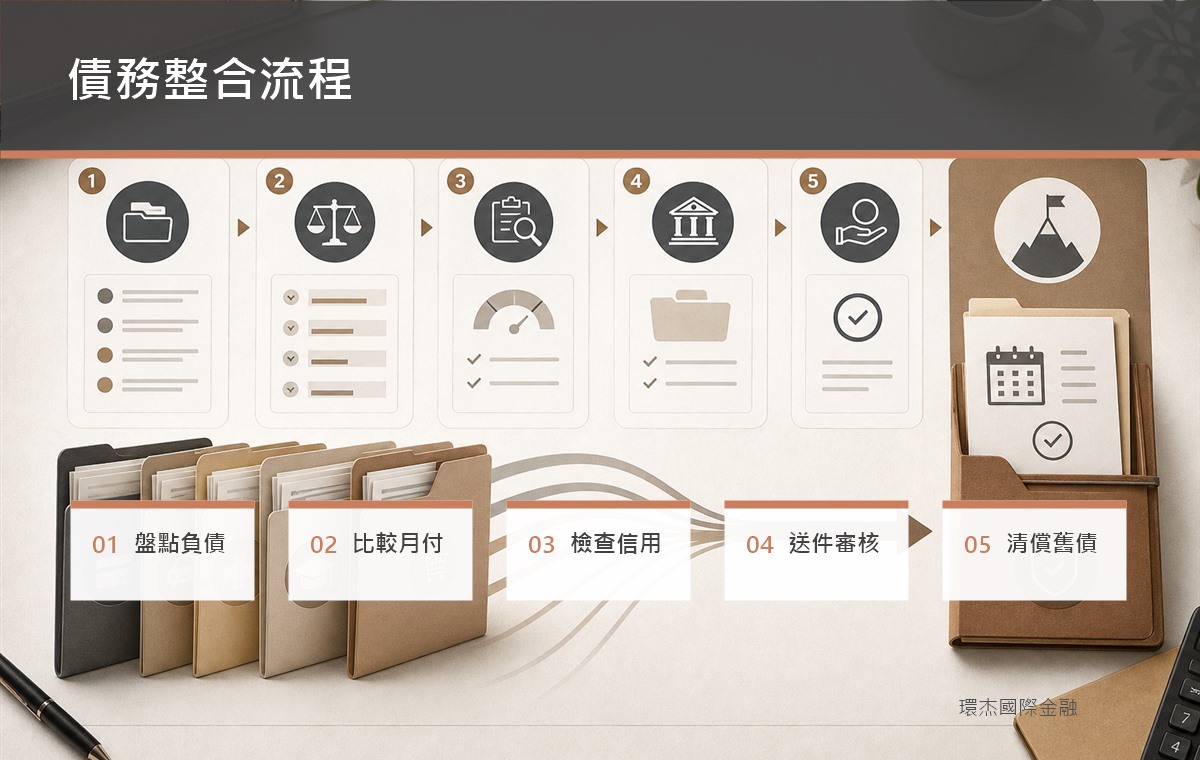 債務整合申請流程 image 2.0 資訊圖，呈現盤點負債、比較月付金、送件審核與清償舊債