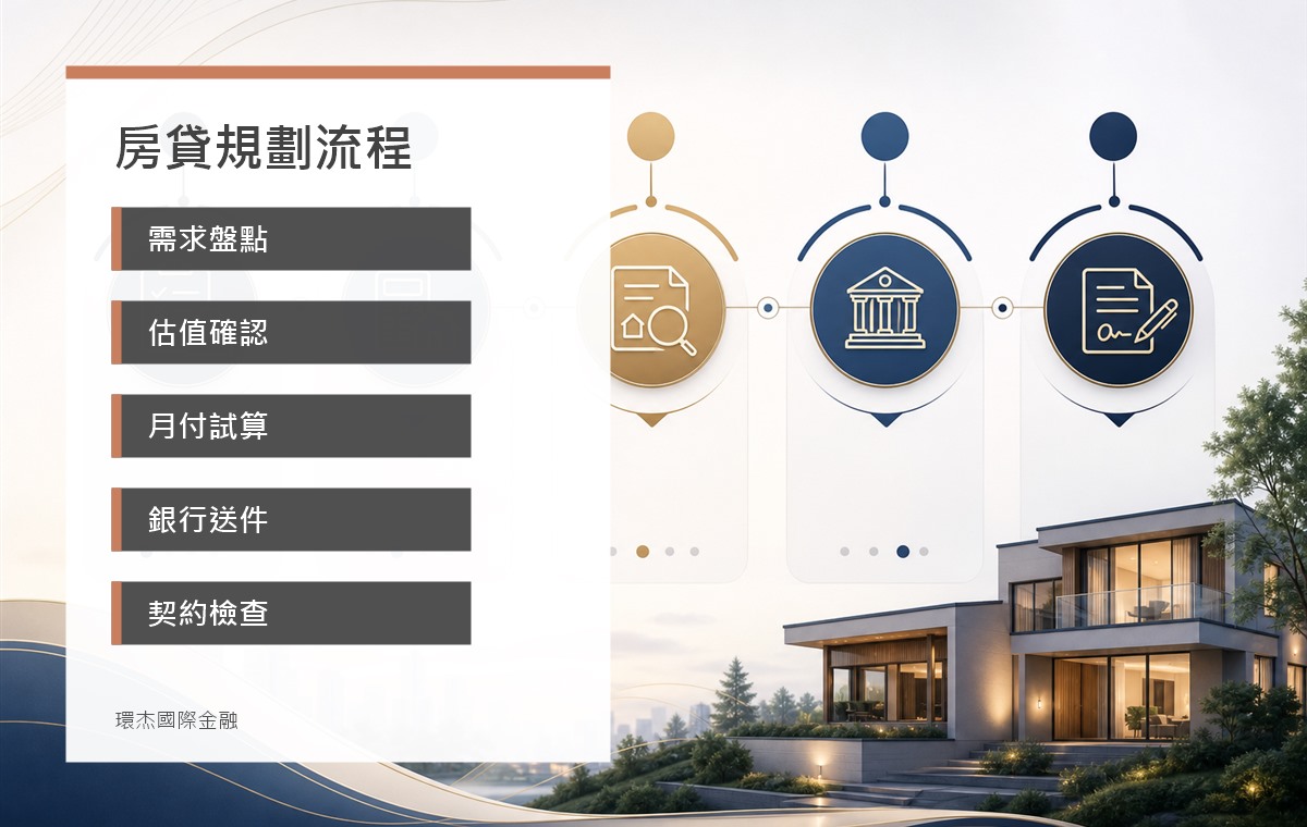 房貸規劃流程 image 2.0 資訊圖,呈現需求盤點、估值確認、月付試算、銀行送件與契約檢查