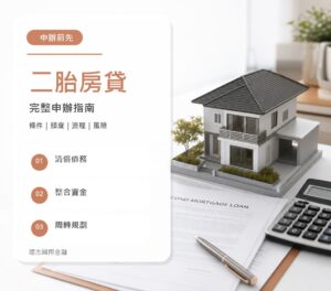 二胎房貸文宣設計封面圖，含条件、額度、流程與風險提醒