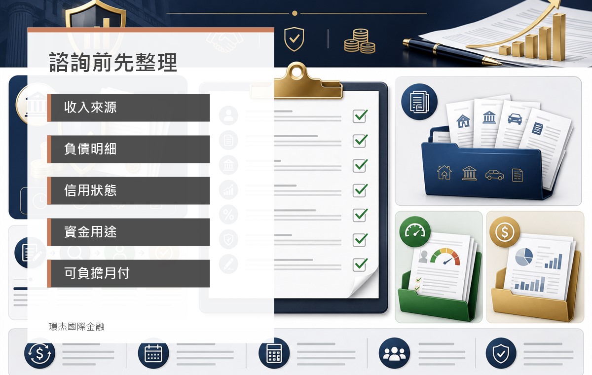 貸款諮詢服務 image 2.0 資訊圖,整理收入來源、負債明細、信用狀態、資金用途與可負擔月付