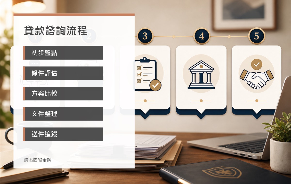 貸款諮詢服務流程 image 2.0 資訊圖,呈現初步盤點、條件評估、方案比較、文件整理與送件追蹤
