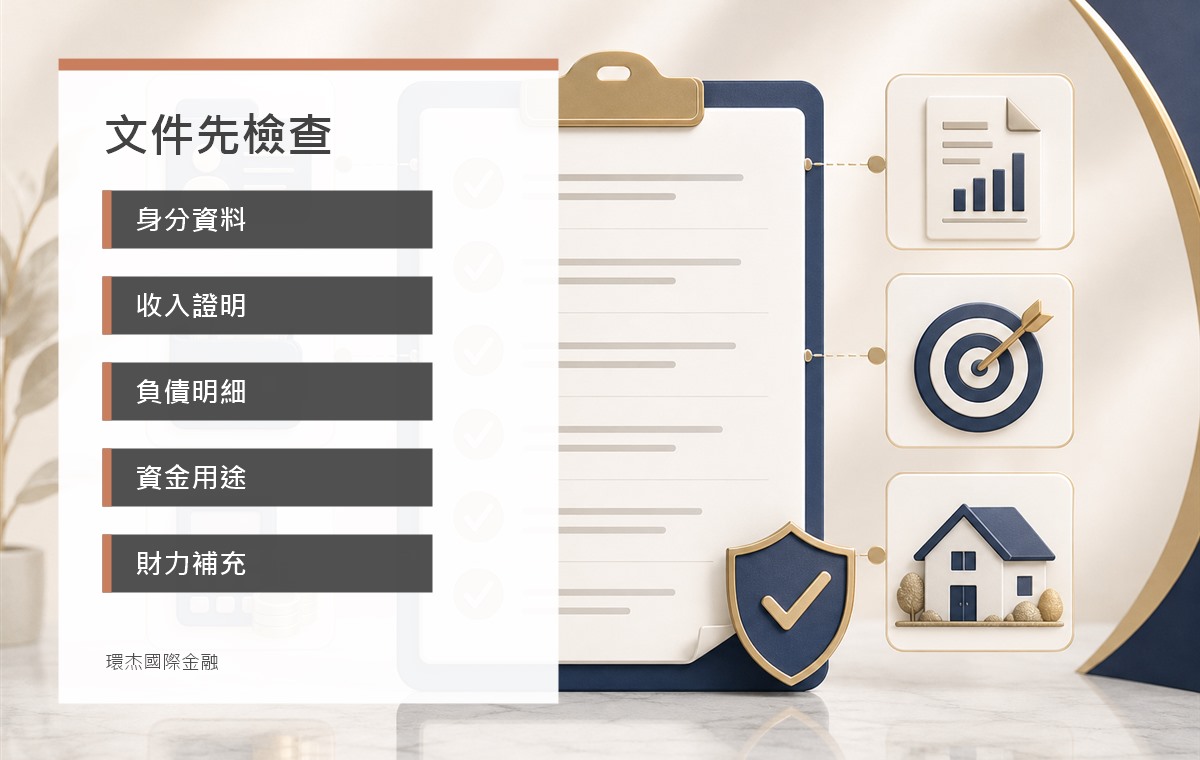 貸款文件整理 image 2.0 資訊圖，整理身分資料、收入證明、負債明細、資金用途與財力補充