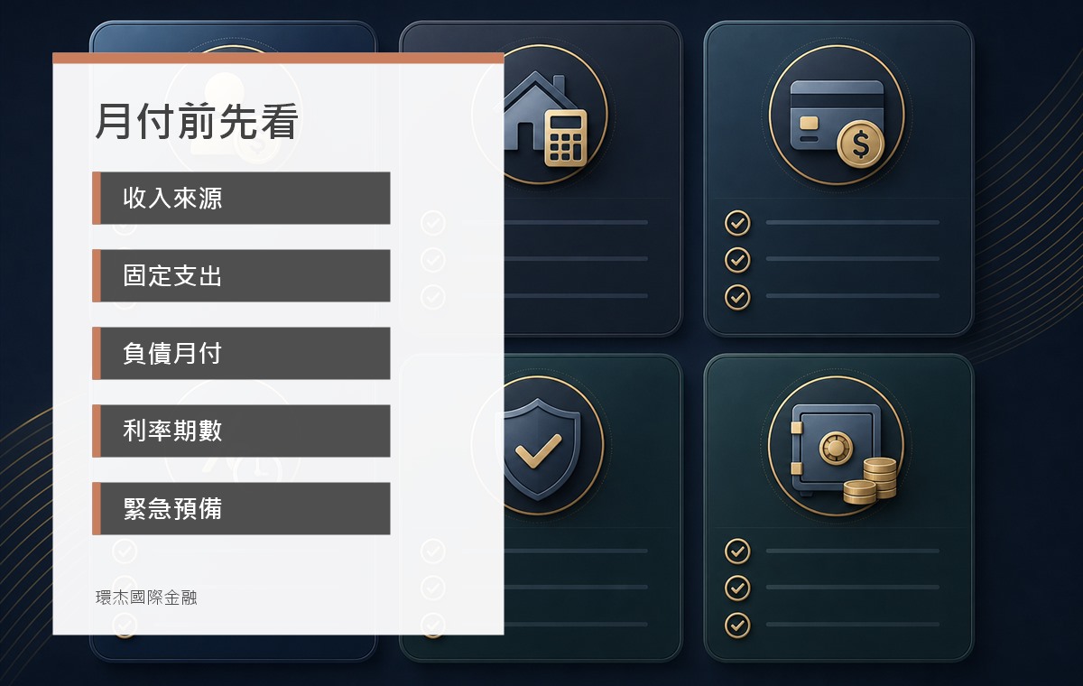 貸款月付金規劃 image 2.0 資訊圖,整理收入來源、固定支出、負債月付、利率期數與緊急預備金