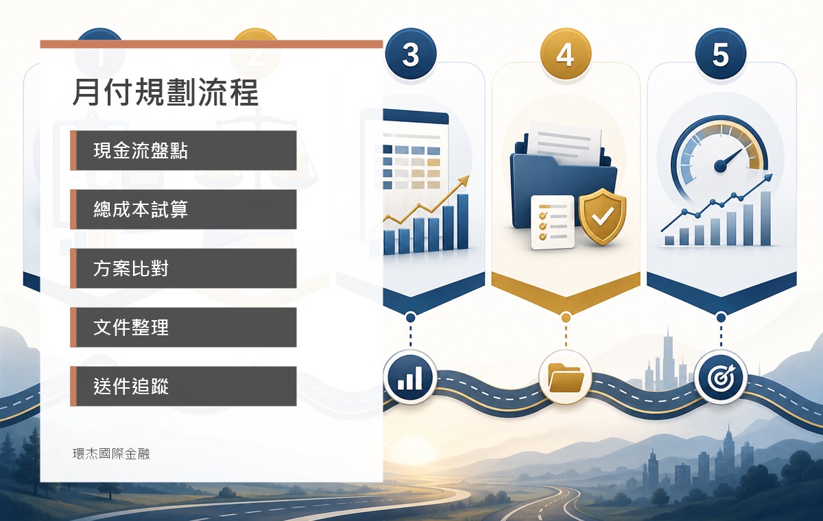 貸款月付金規劃流程 image 2.0 資訊圖,呈現現金流盤點、總成本試算、方案比對、文件整理與送件追蹤