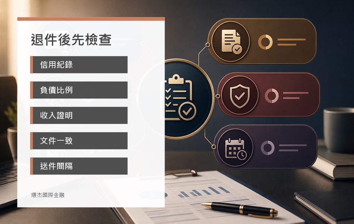 貸款退件後重新申請 image 2.0 資訊圖,整理信用紀錄、負債比例、收入證明、文件一致與送件間隔