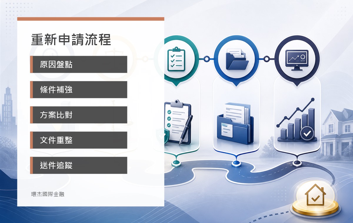 貸款退件後重新申請流程 image 2.0 資訊圖,呈現原因盤點、條件補強、方案比對、文件重整與送件追蹤