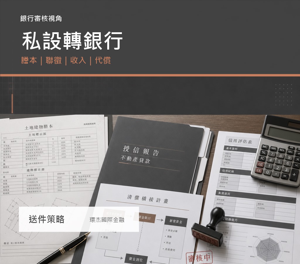 私設轉銀行送件策略封面，呈現銀行審核桌、謄本、聯徵資料與代償流程