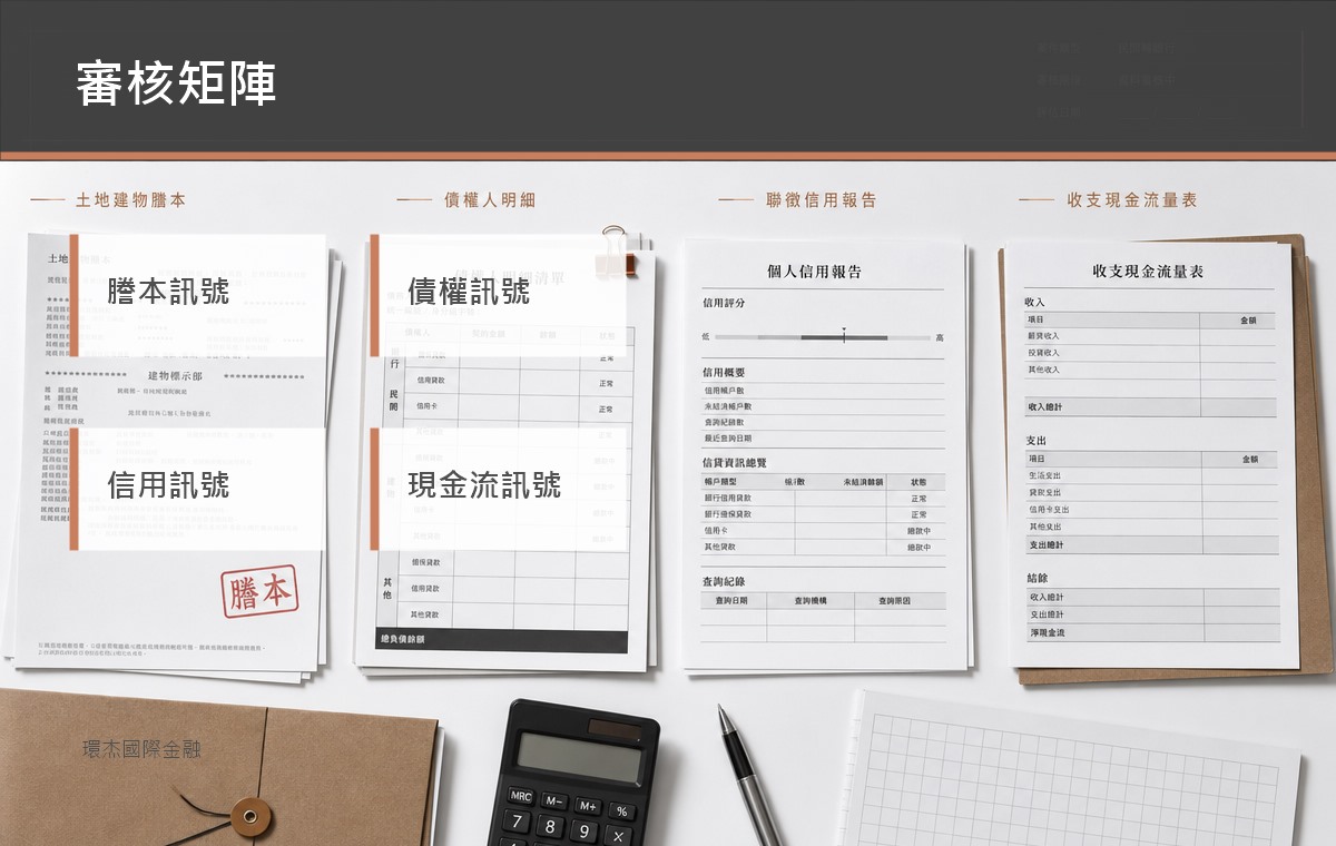 私設轉銀行銀行審核矩陣,包含謄本、債權、信用與現金流