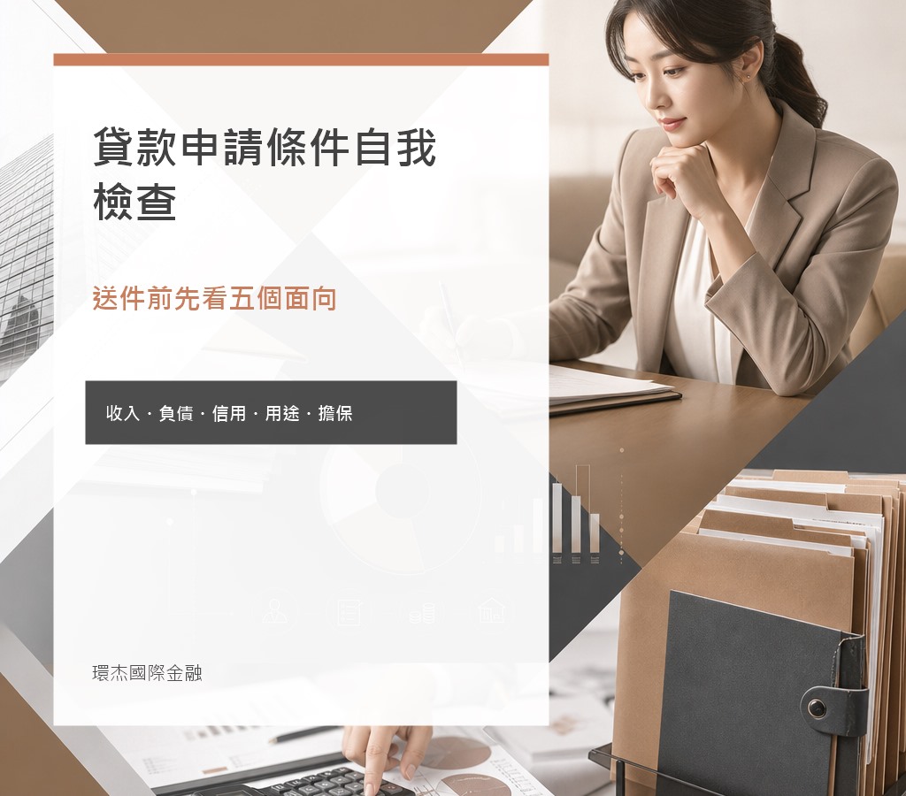 貸款申請條件自我檢查 image 2.0 文宣封面，呈現收入、負債、信用、用途與擔保五大面向