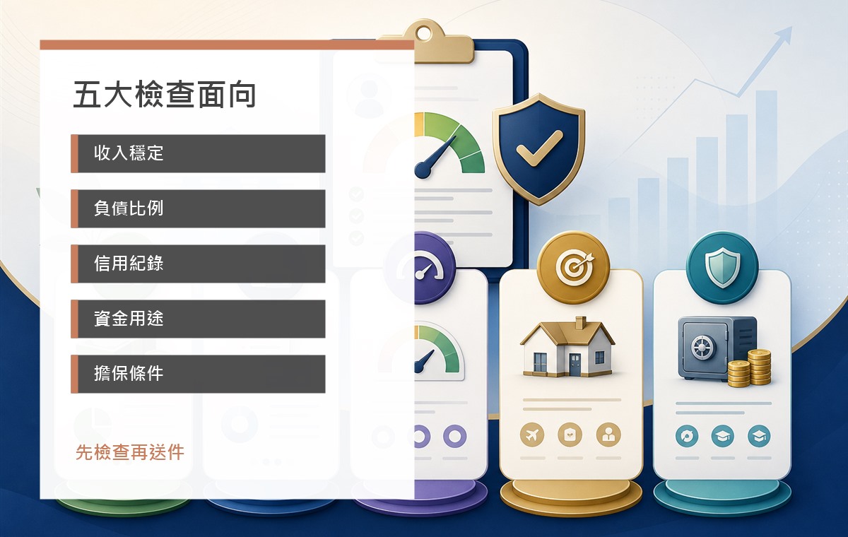 貸款申請條件自我檢查 image 2.0 資訊圖，整理收入穩定、負債比例、信用紀錄、資金用途與擔保條件
