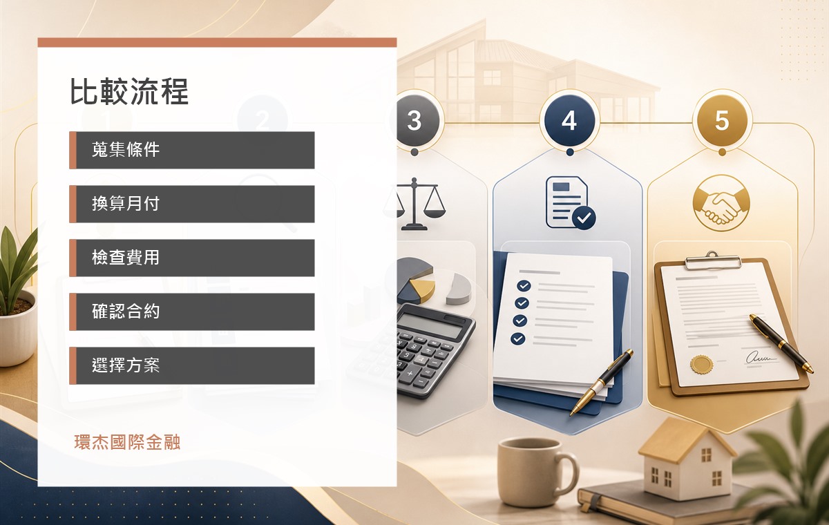 貸款利率與費用比較 image 2.0 流程圖,呈現蒐集條件、換算月付、檢查費用、確認合約與選擇方案