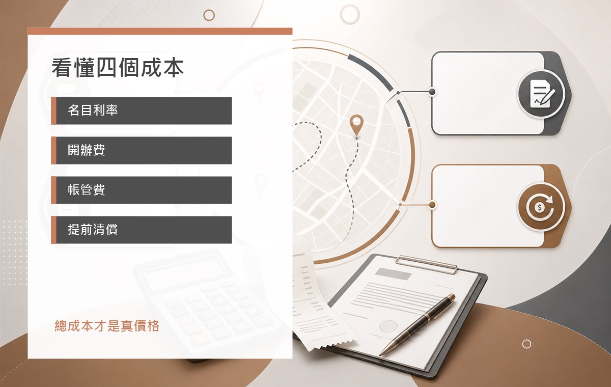 貸款利率與費用比較 image 2.0 資訊圖,整理名目利率、開辦費、帳管費、提前清償與總成本